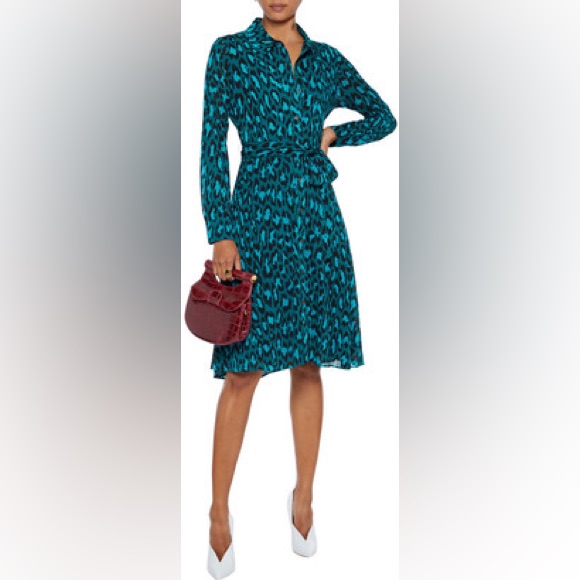 Diane Von Furstenberg Dory Belted Printed Stretch Mesh Shirt Dress
